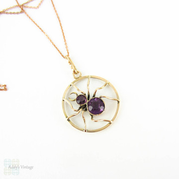 Antique Amethyst Spider Pendant, 9 Carat Gold Bug Necklace. Edwardian Era, Circa 1900 on 9k Rose Gold Chain