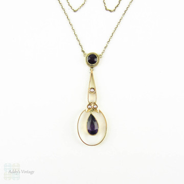 Antique Amethyst & Cultured Pearl Pendant, 15 Carat Rose Gold Pear Shape Drop Necklace. Circa 1900s - 1910s.