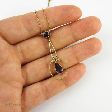 Antique Amethyst & Cultured Pearl Pendant, 15 Carat Rose Gold Pear Shape Drop Necklace. Circa 1900s - 1910s.