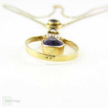 Antique Amethyst & Cultured Pearl Pendant, 15 Carat Rose Gold Pear Shape Drop Necklace. Circa 1900s - 1910s.