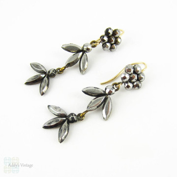 Antique Cut Steel Victorian Earrings, Cluster Cut Steel Hobnail Design and 9ct Gold Earwires, Circa 1880s.