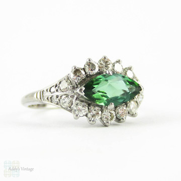 Vintage Tourmanline Ring, Green Marquise Cut Tourmaline with Diamond Halo. Mid Century Cluster Ring, 18ct Gold & Platinum.