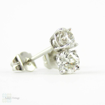 Transitional Cut Diamond Stud Earrings in Platinum. Vintage 0.84 ctw Diamonds Set in Modern 4 Claw Basket Platinum Mounts.