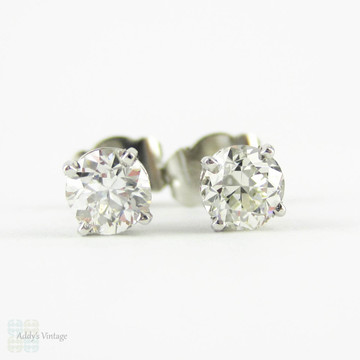 Transitional Cut Diamond Stud Earrings in Platinum. Vintage 0.84 ctw Diamonds Set in Modern 4 Claw Basket Platinum Mounts.