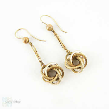 Victorian Love Knot Earrings, Antique 9 Carat Gold Lovers Knot Dangle Earrings. English 19th Century Jewellery.