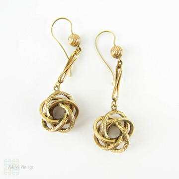 Victorian Love Knot Earrings, Antique 9 Carat Gold Lovers Knot Dangle Earrings. English 19th Century Jewellery.