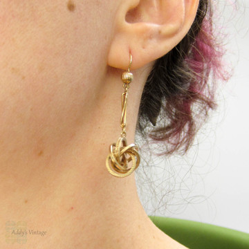 Victorian Love Knot Earrings, Antique 9 Carat Gold Lovers Knot Dangle Earrings. English 19th Century Jewellery.