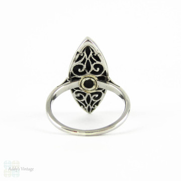 Art Deco Onyx & Old European Cut Diamond Dress Ring, Marquise Shape Onyx with Bezel Set Diamond. Circa 1920s, 14 Carat White Gold.