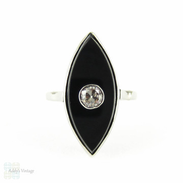 Art Deco Onyx & Old European Cut Diamond Dress Ring, Marquise Shape Onyx with Bezel Set Diamond. Circa 1920s, 14 Carat White Gold.