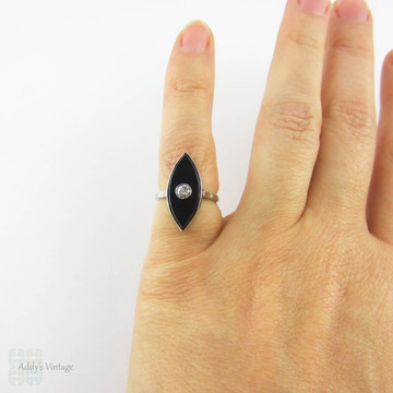 Art Deco Onyx & Old European Cut Diamond Dress Ring, Marquise Shape Onyx with Bezel Set Diamond. Circa 1920s, 14 Carat White Gold.