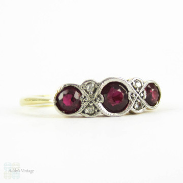 Ruby & Diamond Engagement Ring, Art Deco Three Stone Ruby Ring with Diamond Accents. Circa 1920s, 18ct & Platinum.