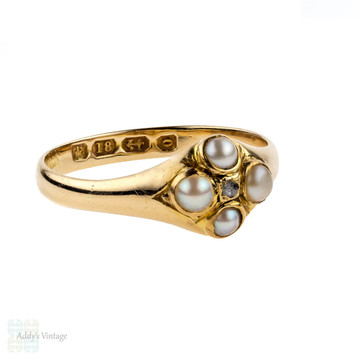 Antique Pearl & Diamond Ring, 18k Circa 1860s Victorian 18ct Yellow Gold Ring.