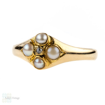 Antique Pearl & Diamond Ring, 18k Circa 1860s Victorian 18ct Yellow Gold Ring.