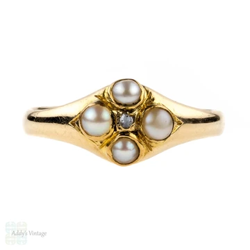 Antique Pearl & Diamond Ring, 18k Circa 1860s Victorian 18ct Yellow Gold Ring.