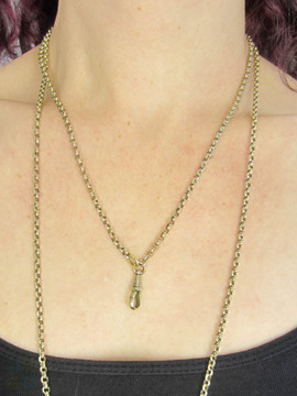 Victorian Pinchbeck Long Guard Chain, Heavy Faceted Link Muff or Lorgnette Chain Necklace with Swivel Dog Clip. 130 cm / 51.2 inches.