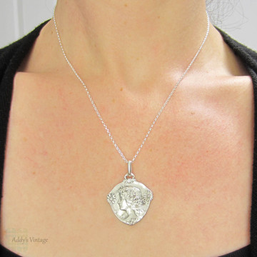RESERVED. Art Nouveau French Woman Pendant,  Woman with Flowers Double Sided Pendant with Sterling Silver Chain. Signed Piece.