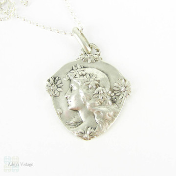 RESERVED. Art Nouveau French Woman Pendant,  Woman with Flowers Double Sided Pendant with Sterling Silver Chain. Signed Piece.