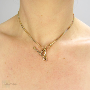 Antique Edwardian Watch Chain. Two Tone 9ct Rose Gold & Silver Chain with Dog Clips & T-Bar. 40 cm / 15.75 inches, Circa 1900.
