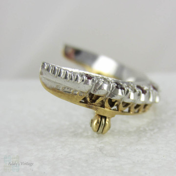 Vintage Diamond & Ruby Crescent Moon Shaped Brooch. Art Deco Half Moon in White and Yellow Gold, Circa 1930s.