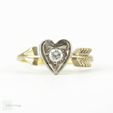 Vintage Heart & Arrow Diamond Ring, Love Heart with Arrow Shape Diamond Single Stone Ring. Circa 1960s, 18ct Gold.