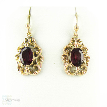 Vintage Garnet Earrings, Large Red Garnet Drop in Ornate 9ct Frame Dangle Earrings.