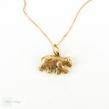 Antique 9ct Edwardian Bear Charm, Small Bear Pendant on Modern 9k Rose Gold Chain.