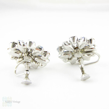 Vintage Rhinestone Clip On Earrings, Floral Design Blue & White Large Diamanté Earrings by B David. Marquise Shaped Stones, Circa 1950s.