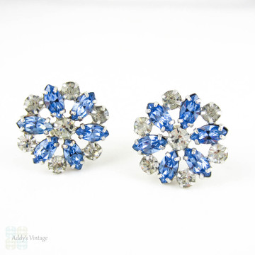Vintage Rhinestone Clip On Earrings, Floral Design Blue & White Large Diamanté Earrings by B David. Marquise Shaped Stones, Circa 1950s.