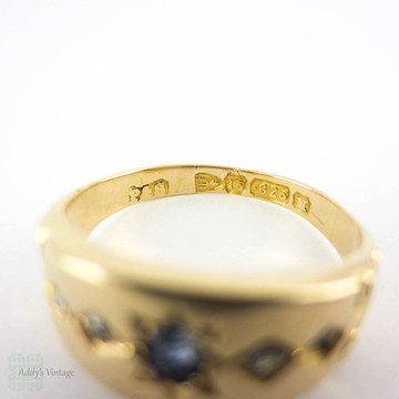 Antique Victorian Sapphire & Diamond Ring, Star Burst Design Engraved 15ct Gold Ring with Chester 1895 Hallmarks.