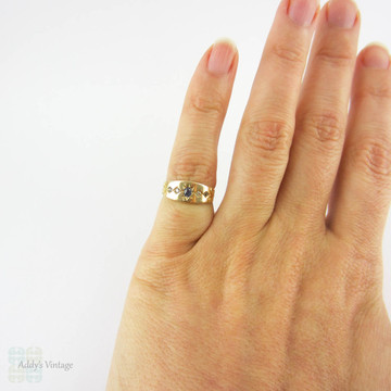 Antique Victorian Sapphire & Diamond Ring, Star Burst Design Engraved 15ct Gold Ring with Chester 1895 Hallmarks.