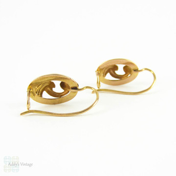 Vintage 9ct Earrings, Pierced Drops with Double Hoop & Leaf Design.