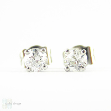 Old European Diamond Stud Earrings. Antique Half Carat 0.50 ctw Diamonds Set in Modern 4 Claw Basket Platinum Mounts.