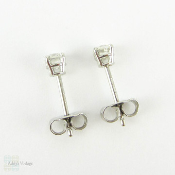 Old European Diamond Stud Earrings. Antique Half Carat 0.50 ctw Diamonds Set in Modern 4 Claw Basket Platinum Mounts.