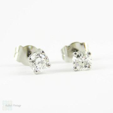 Old European Diamond Stud Earrings. Antique Half Carat 0.50 ctw Diamonds Set in Modern 4 Claw Basket Platinum Mounts.