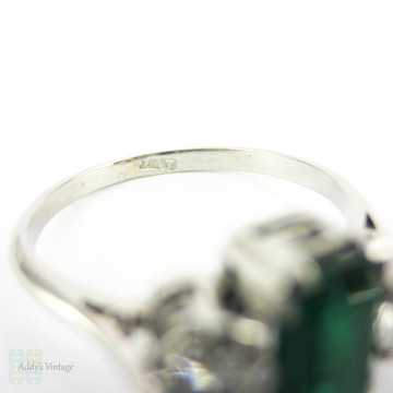 Vintage Emerald & Diamond Three Stone Engagment Ring, Emerald Cut Emerald with Round Brilliant Diamonds. PLAT, Circa 1940s.