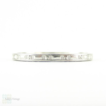 Art Deco Engraved Wedding Ring, Slender Geometric Design Platinum Wedding Band. Circa 1930s, Size J / 5.