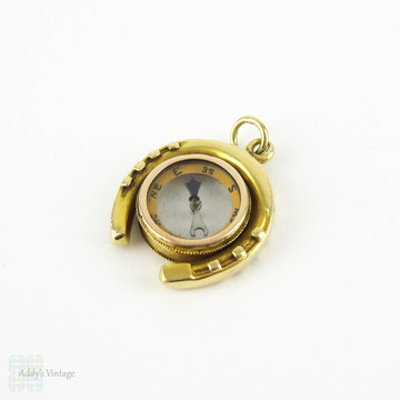 Antique Horseshoe Compass Pendant, Victorian Working Compass with Good Luck Horseshoe Charm, 18ct Gold.