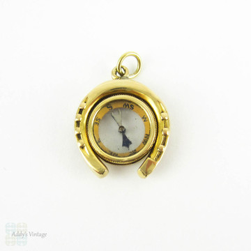 Antique Horseshoe Compass Pendant, Victorian Working Compass with Good Luck Horseshoe Charm, 18ct Gold.