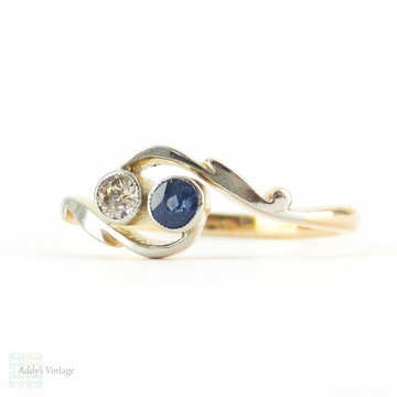 Edwardian Sapphire & Diamond Engagement Ring, Toi et Moi Style Twist Bypass Ring with Engraved 18ct Setting.