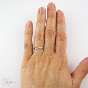 Vintage Diamond Wedding Ring, Platinum 7 Stone Half Hoop Band with Knife Edge Shank, 0.10 ctw, Circa 1940s.