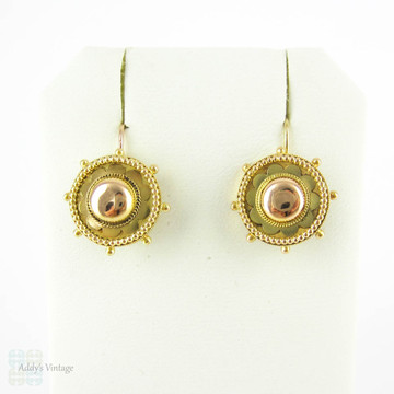 Antique 15ct Gold Earrings, Pierced Circle Drops with Beaded Detail and Flower Design. Hallmarked Chester 1880s.