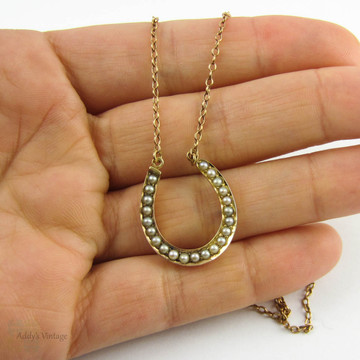 Antique Seed Pearl Horseshoe Necklace, Victorian Pearl Lucky Pendant. Circa 1880s, 9k Gold.