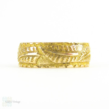 RESERVED. Victorian 18ct Fern Leaf Pattern Ring, Antique Wide Engraved Wedding Band in 18 Carat Gold. Mizpah, 1890s Hallmarks, Size K / 5.3.