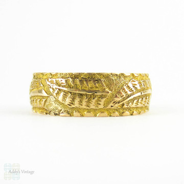 RESERVED. Victorian 18ct Fern Leaf Pattern Ring, Antique Wide Engraved Wedding Band in 18 Carat Gold. Mizpah, 1890s Hallmarks, Size K / 5.3.