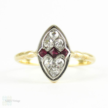 Vintage Diamond & Ruby Ring, Square Cut Rubies with Love Heart Design Diamonds. Marquise Shape Dress Ring, 18ct.