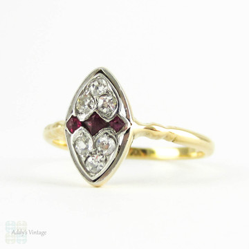 Vintage Diamond & Ruby Ring, Square Cut Rubies with Love Heart Design Diamonds. Marquise Shape Dress Ring, 18ct.