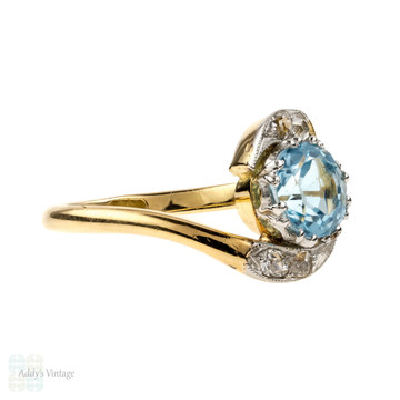 Blue Zircon & Old Mine Cut Diamond Swirl Ring, Vintage Bypass Style Engagement, 18ct.