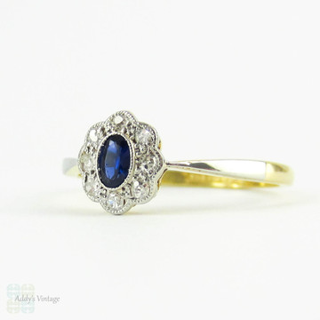 Antique Sapphire & Diamond Engagement Ring, Edwardian Oval Cut Blue Sapphire with Diamond Halo. Circa 1900, 18ct & Platinum.