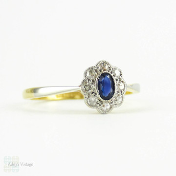 Antique Sapphire & Diamond Engagement Ring, Edwardian Oval Cut Blue Sapphire with Diamond Halo. Circa 1900, 18ct & Platinum.