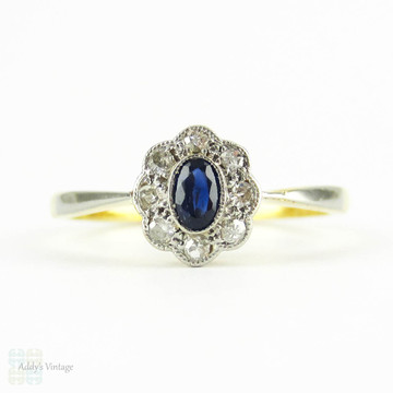 Antique Sapphire & Diamond Engagement Ring, Edwardian Oval Cut Blue Sapphire with Diamond Halo. Circa 1900, 18ct & Platinum.
